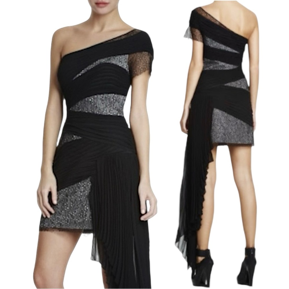 BCBGMAXAZRIA Runway One Shoulder Pleated Overlay Mini Dress. Size 8